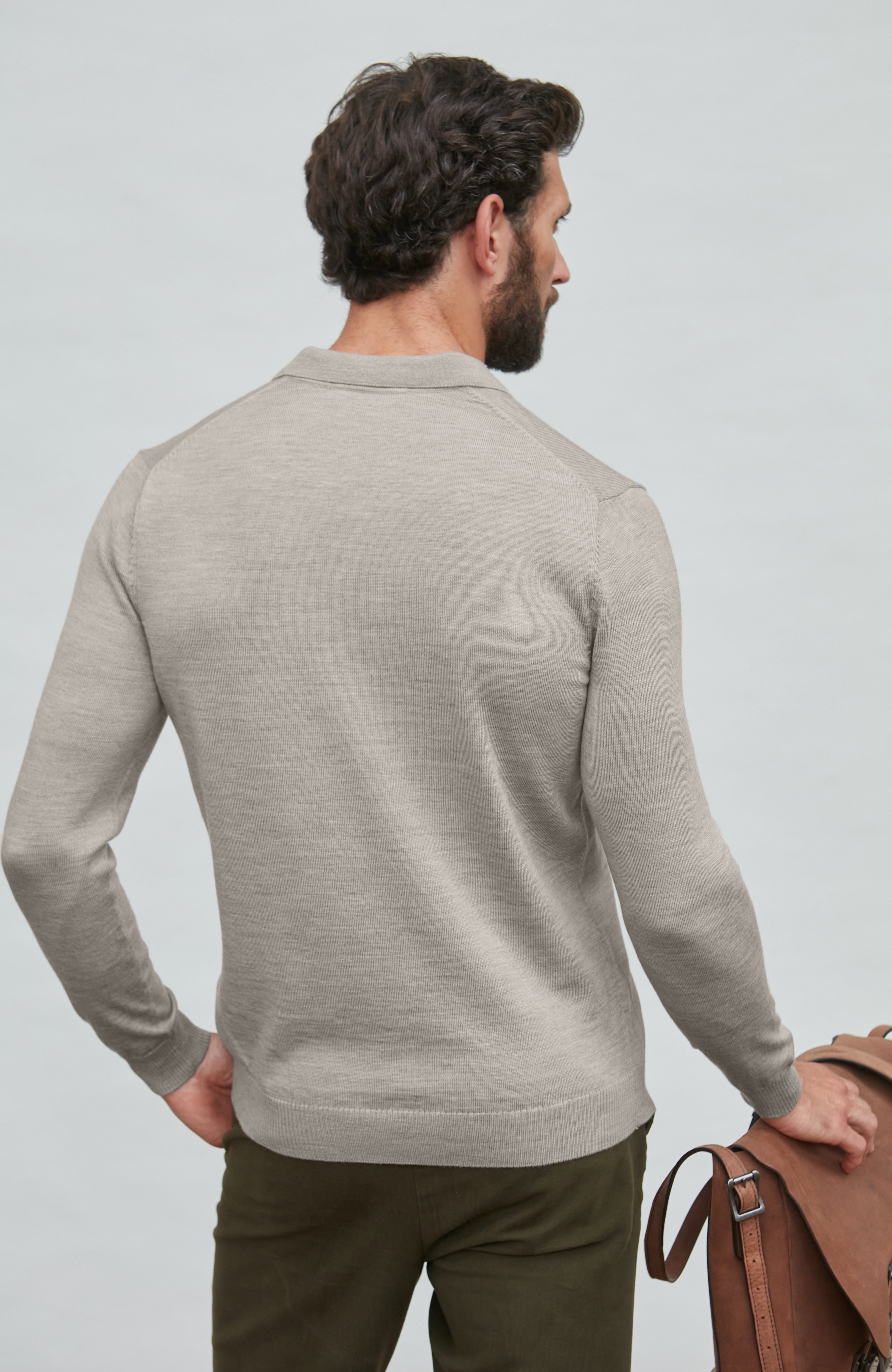 Mens Extra Fine Merino Wool Long Sleeve Polo Shirt