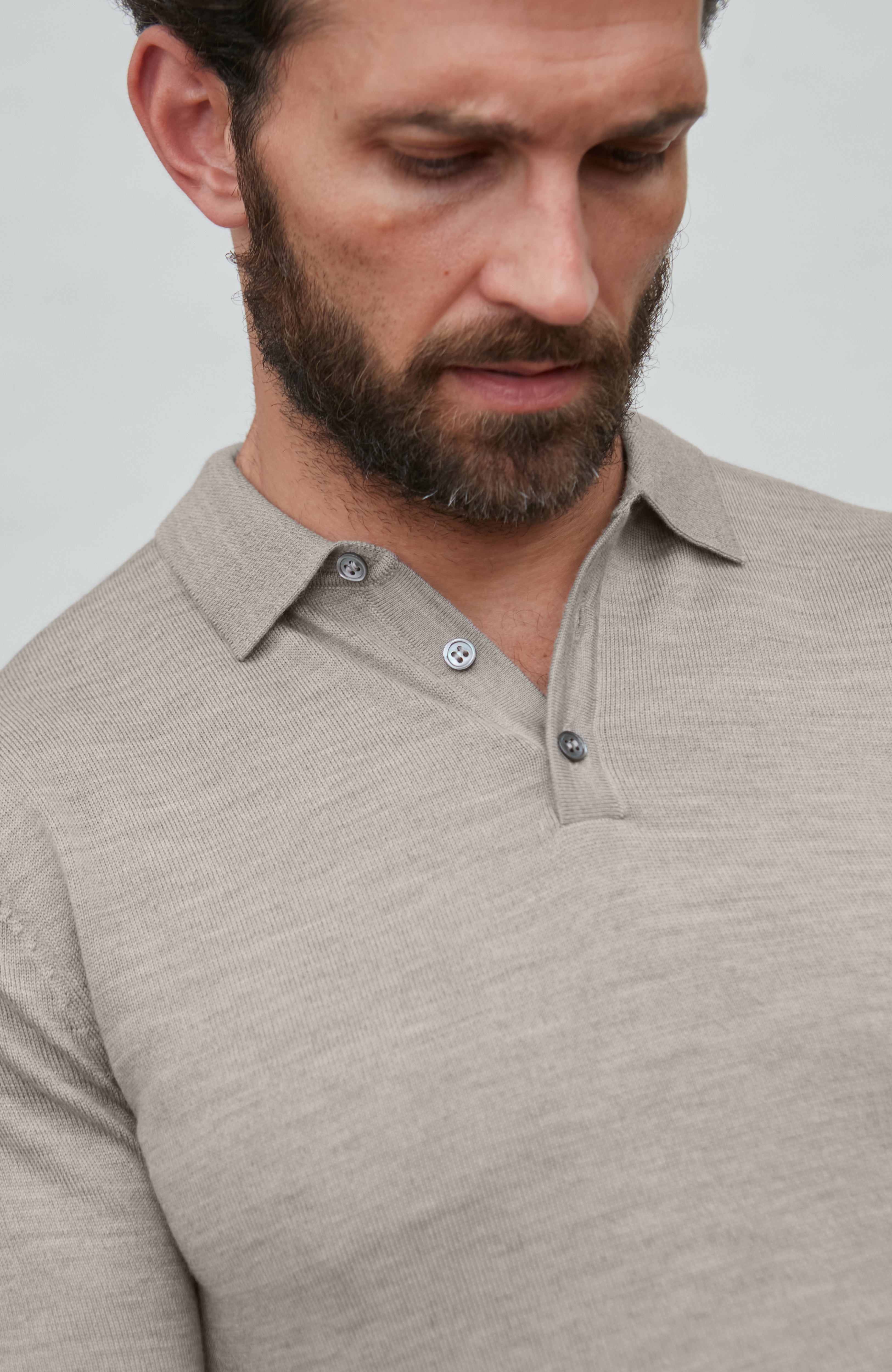 Mens Extra Fine Merino Wool Long Sleeve Polo Shirt