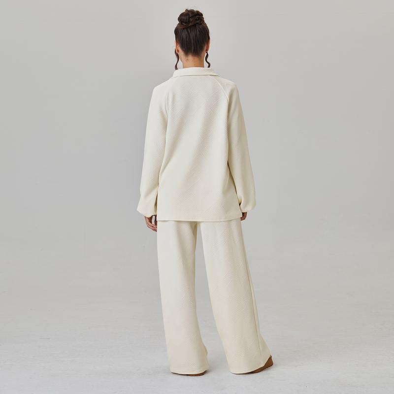 KatchMe Women's Slouchy Solid Color V-Neck Loose Textured Pullover & Drawstring Waist Trousers Co-ord, Minimalist Two Piece Outfits, Soft Womenswear