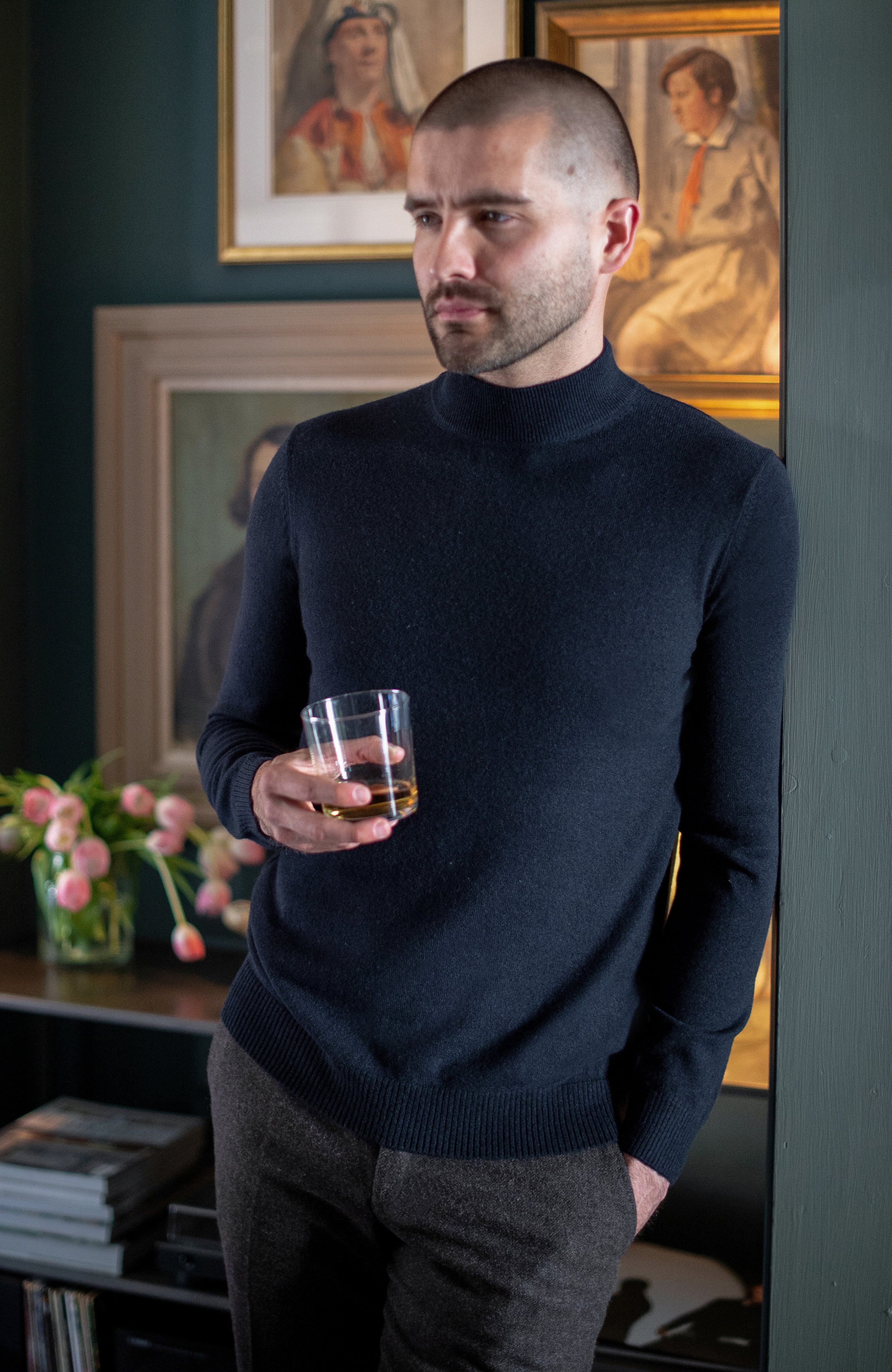 Mens Lightweight Merino Cashmere Mock Turtle Neck Jumper