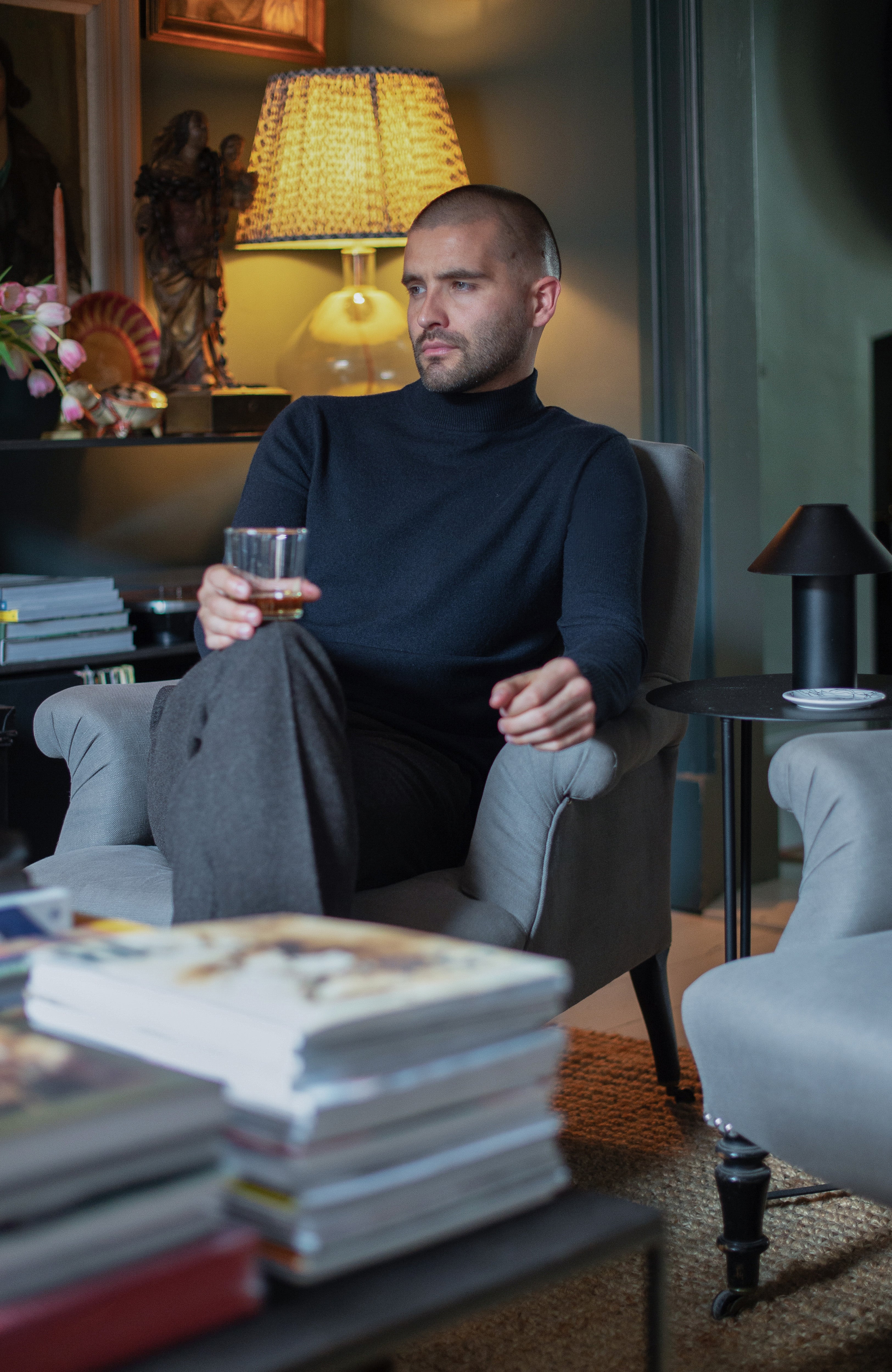 Mens Lightweight Merino Cashmere Mock Turtle Neck Jumper