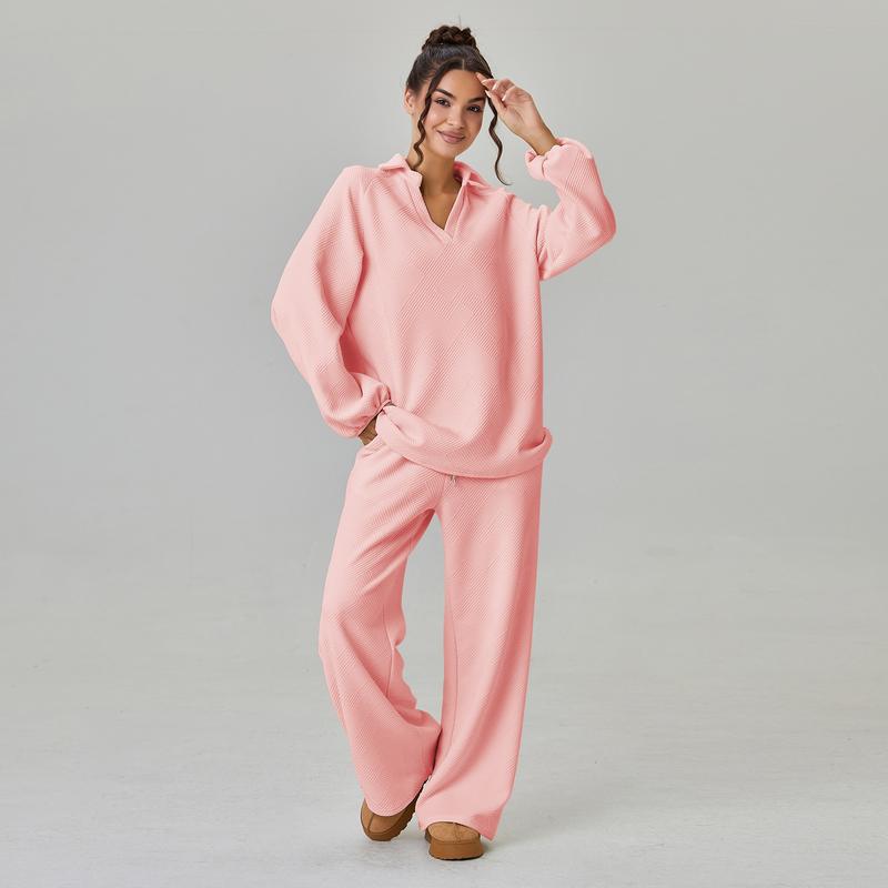 KatchMe Women's Slouchy Solid Color V-Neck Loose Textured Pullover & Drawstring Waist Trousers Co-ord, Minimalist Two Piece Outfits, Soft Womenswear