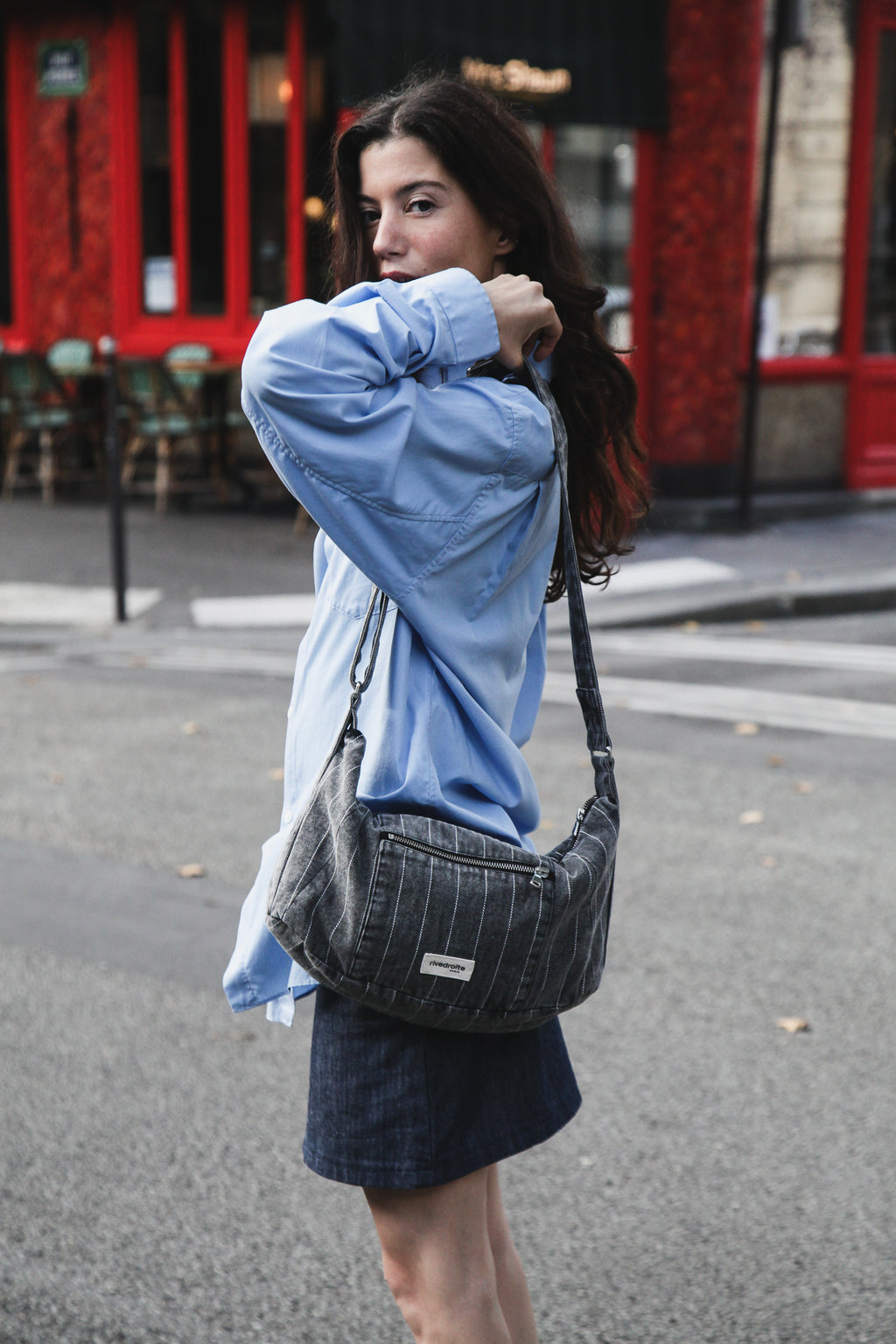 Mini Charlot le sac crossbody - Denim Noir Rayé