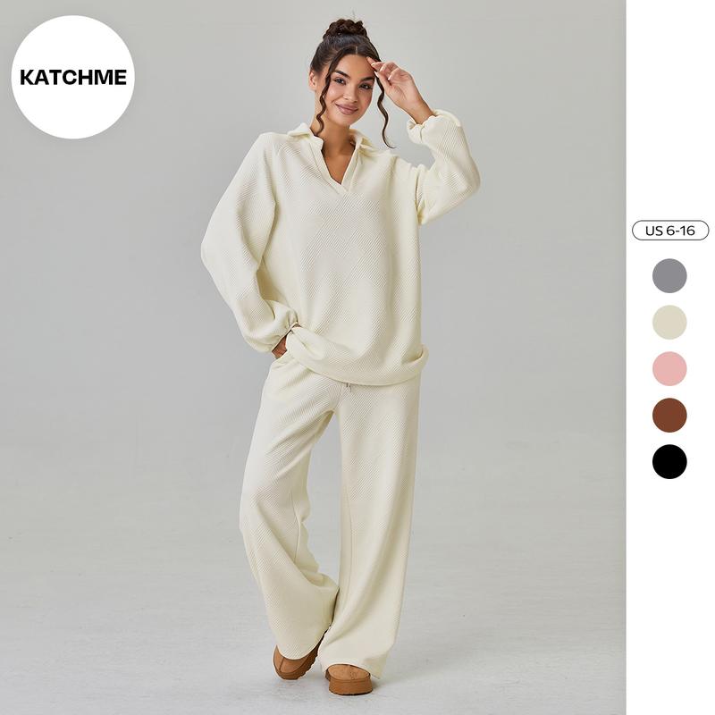 KatchMe Women's Slouchy Solid Color V-Neck Loose Textured Pullover & Drawstring Waist Trousers Co-ord, Minimalist Two Piece Outfits, Soft Womenswear